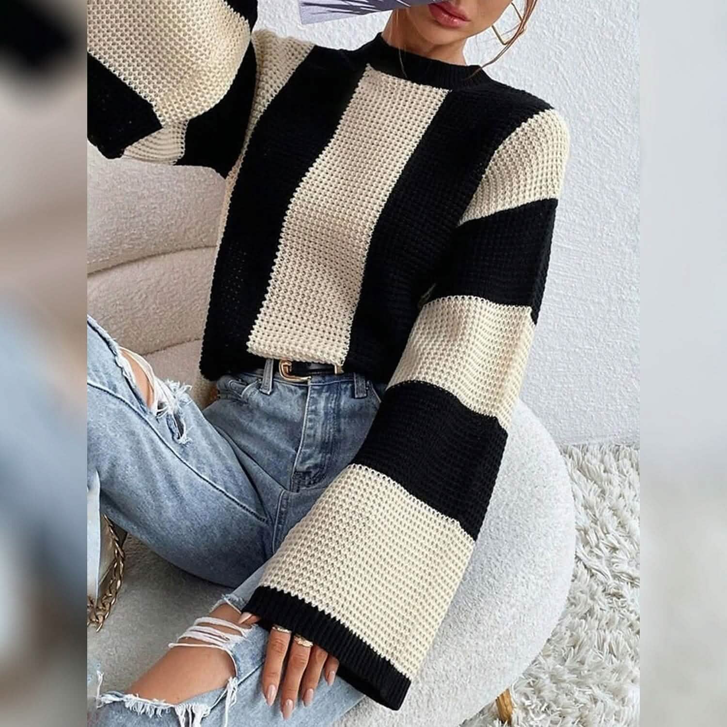 Women's Pullover Ribbed Knit Patchwork Striped Sweater DailySale