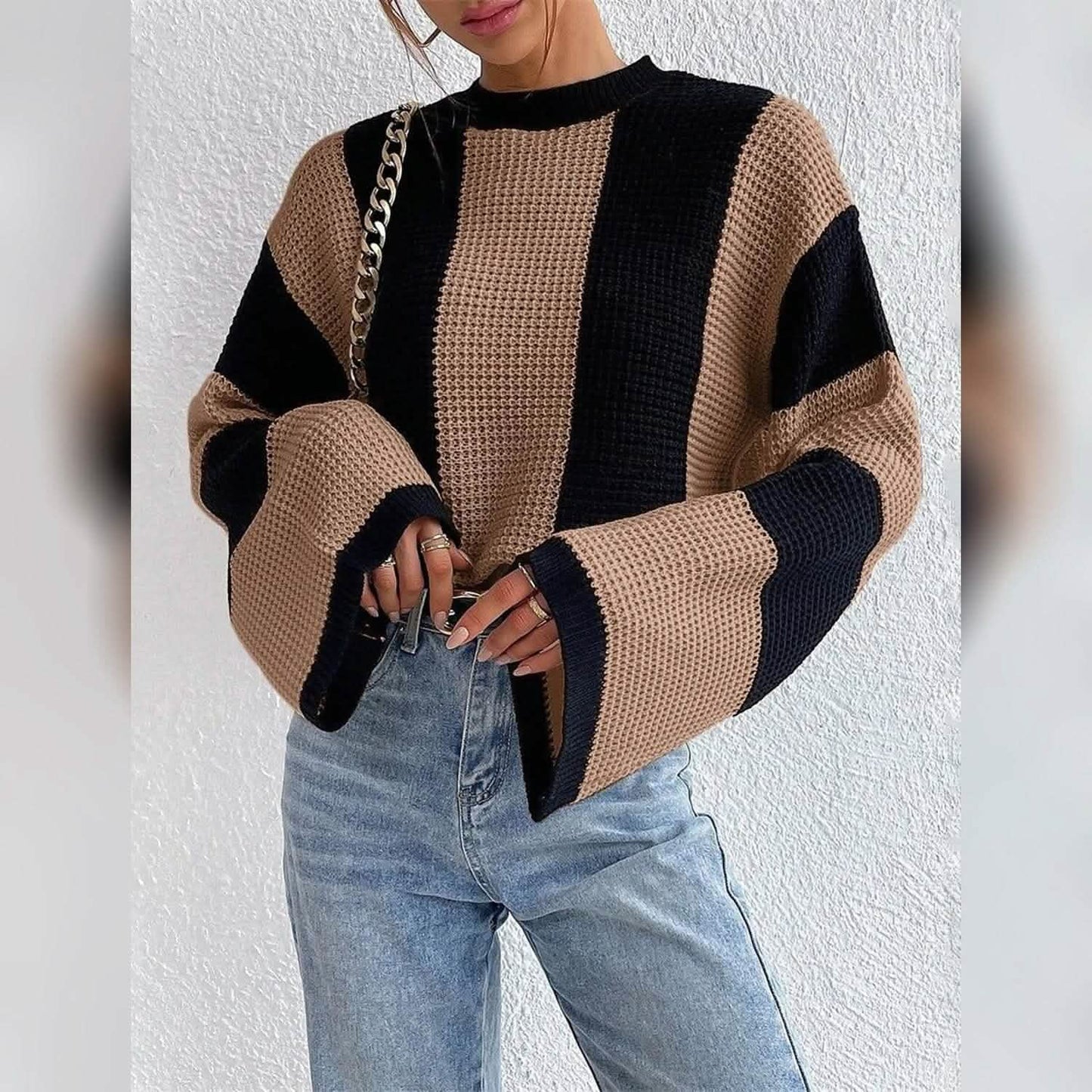 Women's Pullover Ribbed Knit Patchwork Striped Sweater DailySale