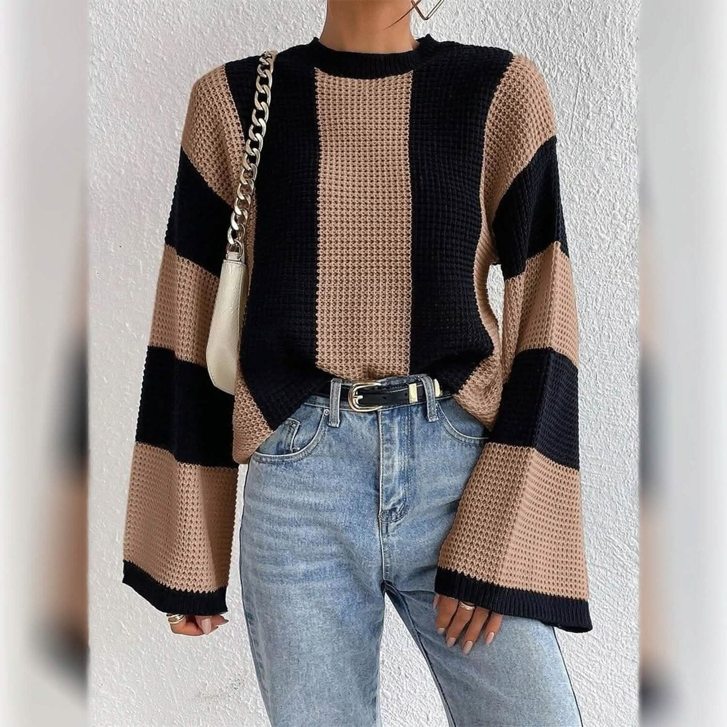 Women's Pullover Ribbed Knit Patchwork Striped Sweater DailySale