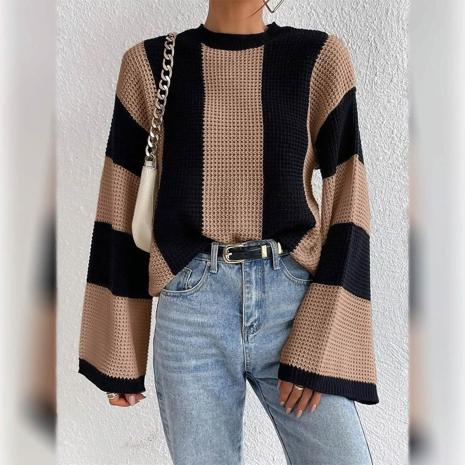 Women's Pullover Ribbed Knit Patchwork Striped Sweater DailySale