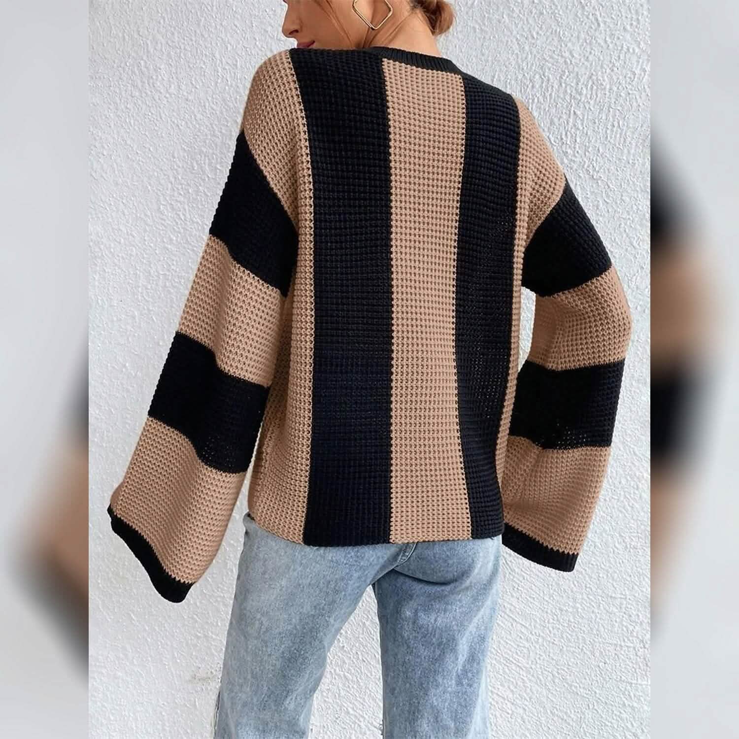 Women's Pullover Ribbed Knit Patchwork Striped Sweater DailySale