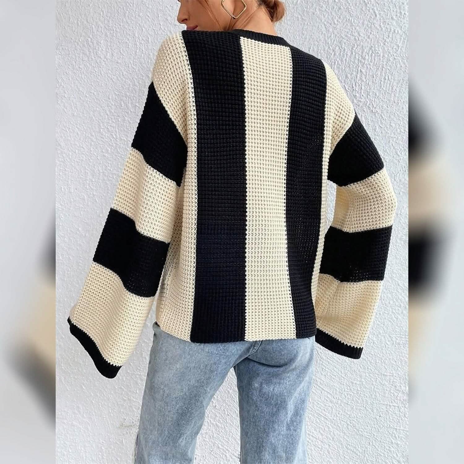 Women's Pullover Ribbed Knit Patchwork Striped Sweater DailySale