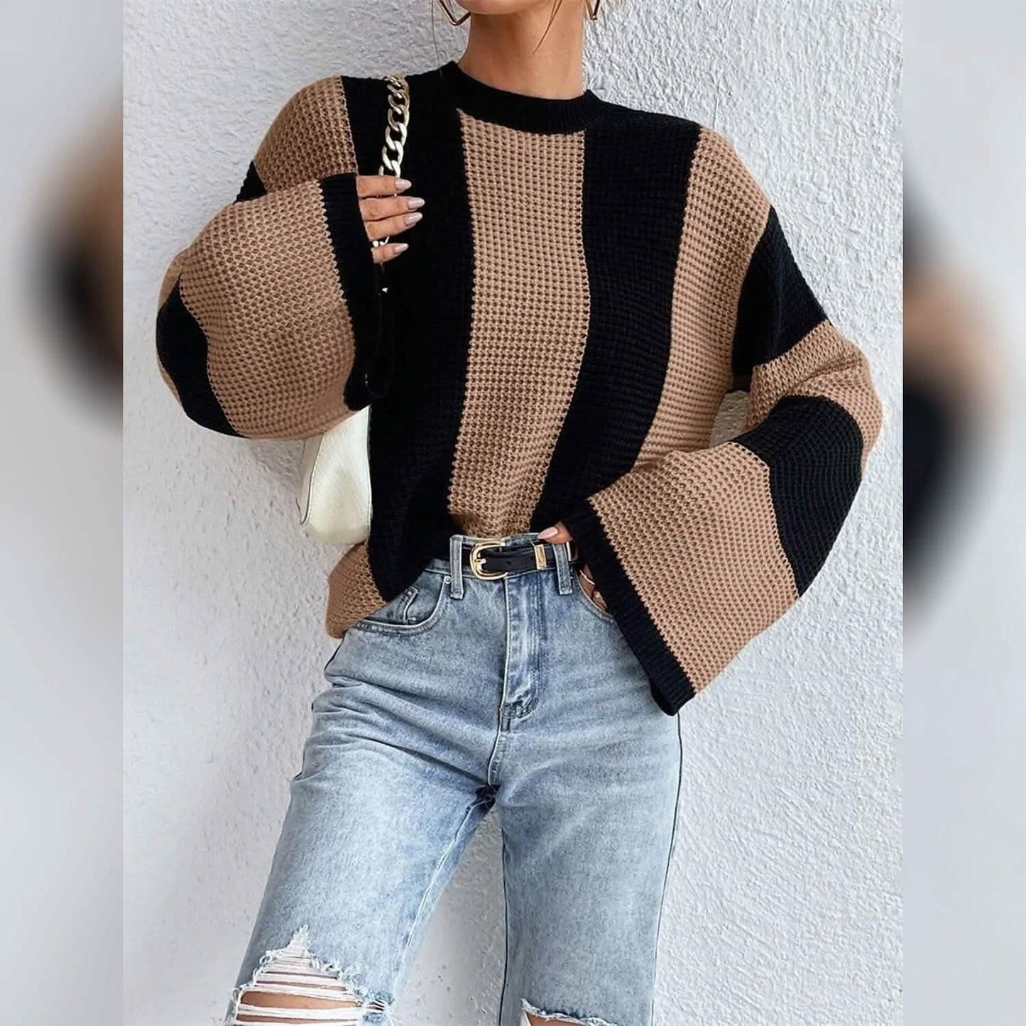 Women's Pullover Ribbed Knit Patchwork Striped Sweater DailySale