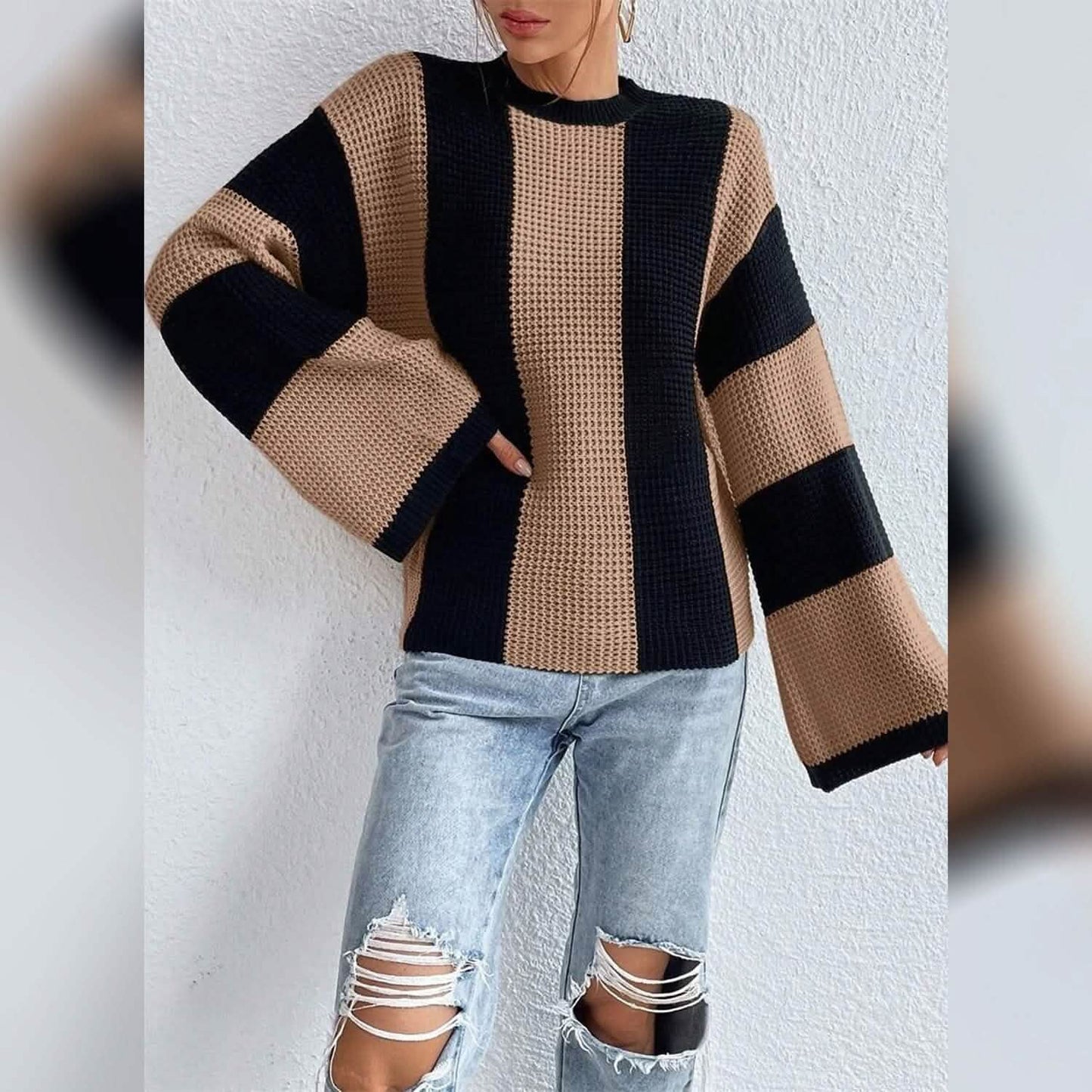 Women's Pullover Ribbed Knit Patchwork Striped Sweater DailySale