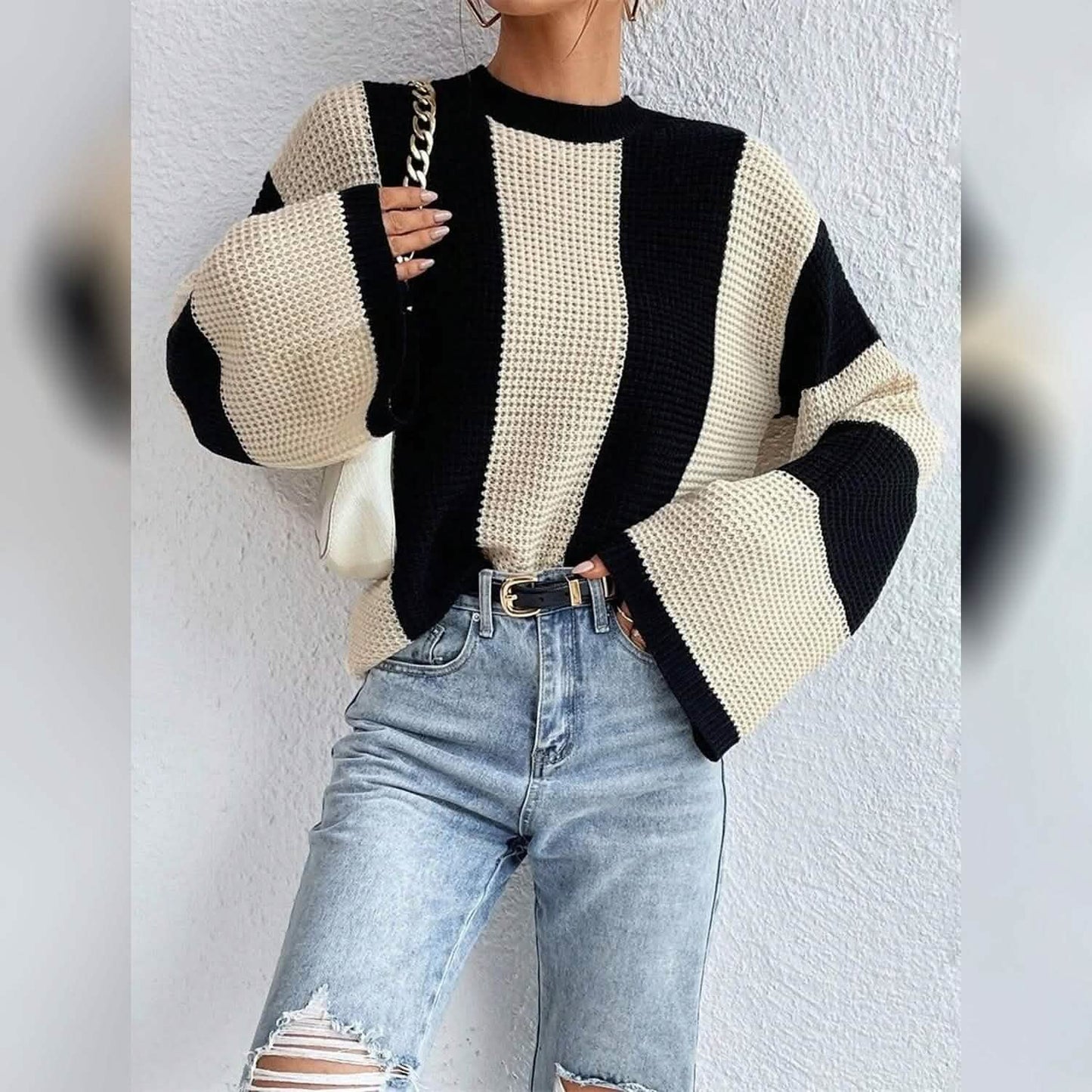 Women's Pullover Ribbed Knit Patchwork Striped Sweater DailySale