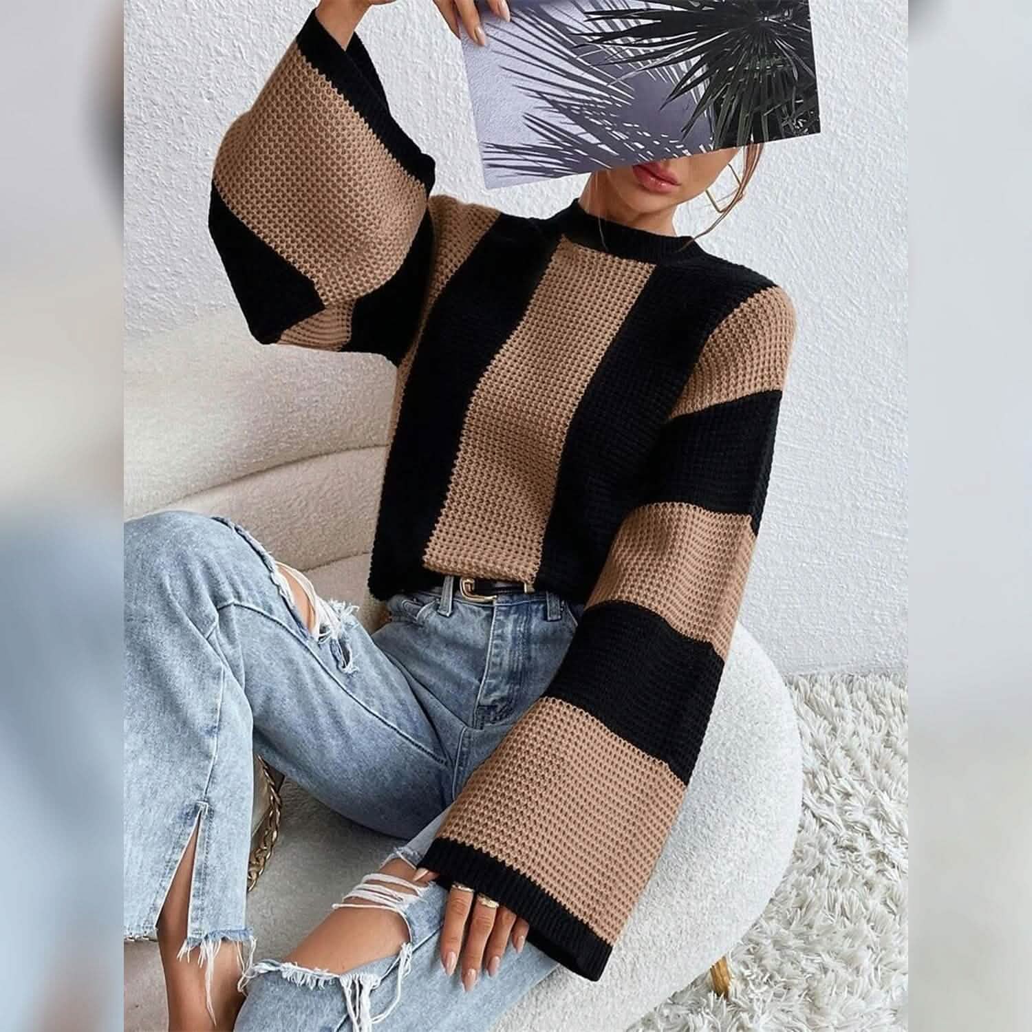 Women's Pullover Ribbed Knit Patchwork Striped Sweater DailySale