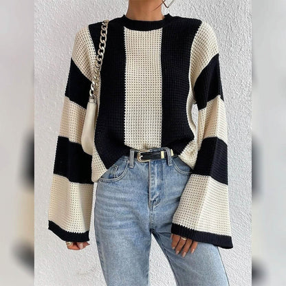 Women's Pullover Ribbed Knit Patchwork Striped Sweater DailySale