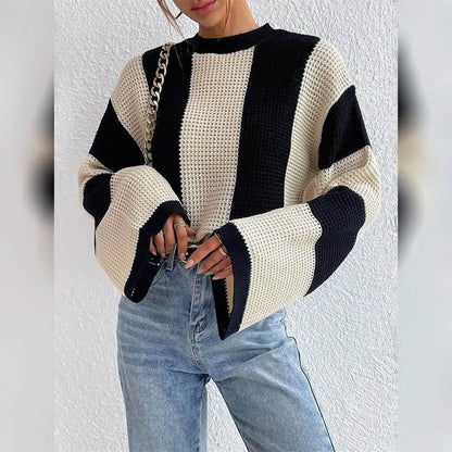 Women's Pullover Ribbed Knit Patchwork Striped Sweater DailySale