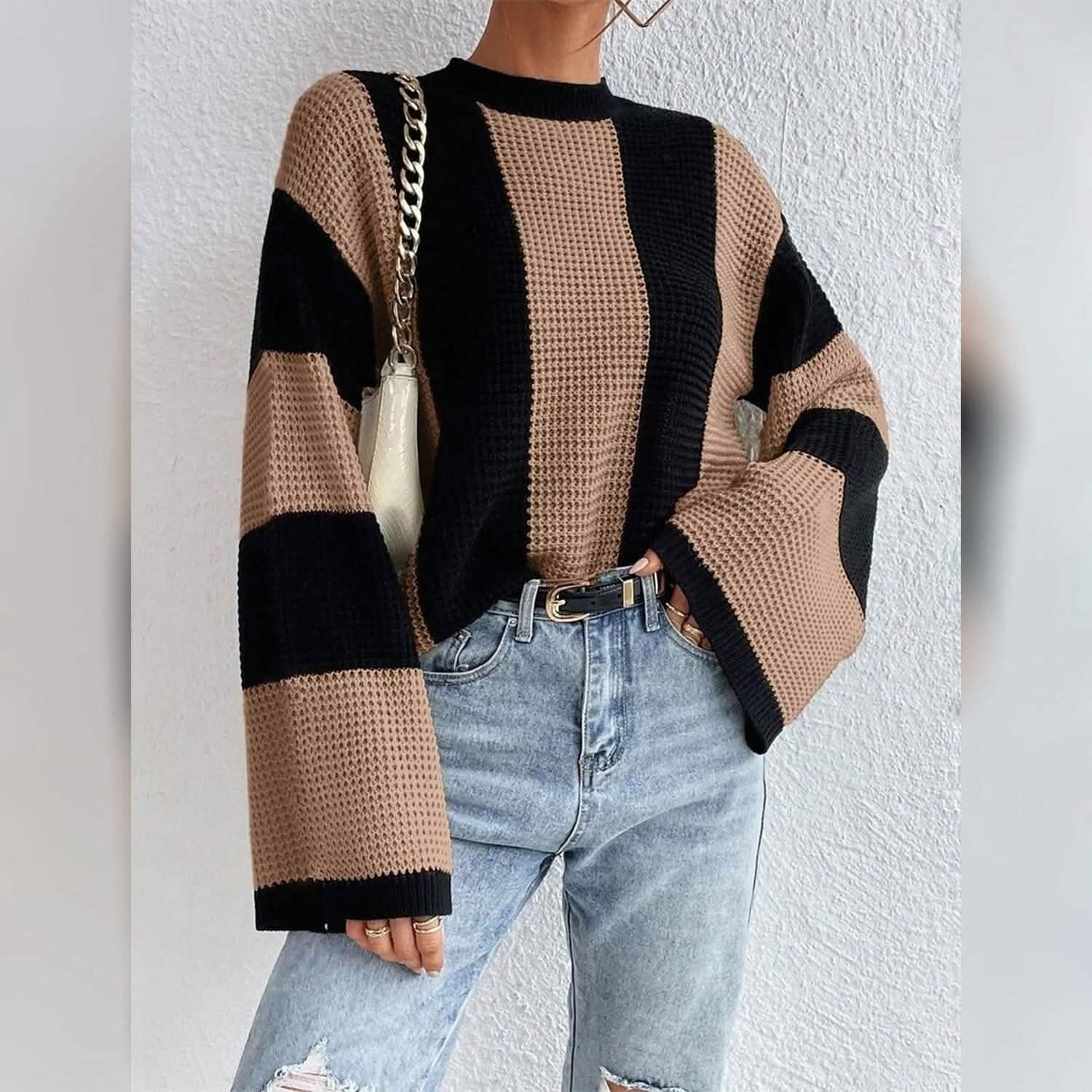 Women's Pullover Ribbed Knit Patchwork Striped Sweater DailySale