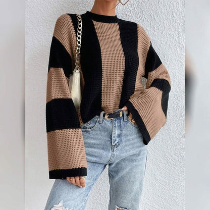 Women's Pullover Ribbed Knit Patchwork Striped Sweater DailySale
