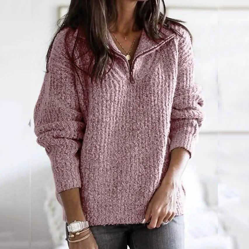 Women's Pullover Sweater Zipper Solid Color Basic Casual Long Sleeve Sweater Cardigans DailySale