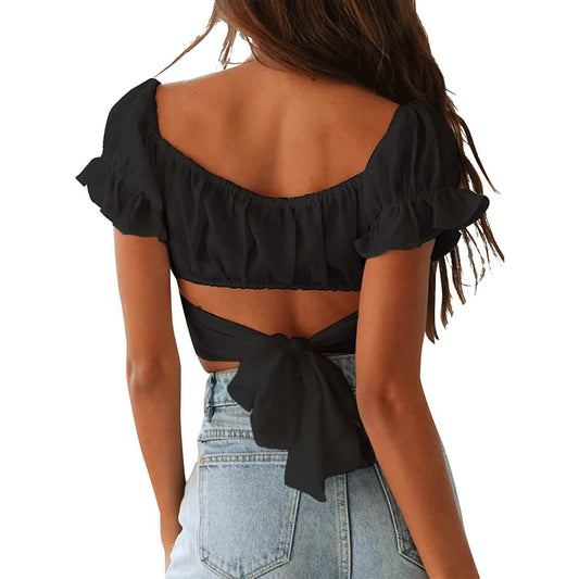 Women's Ruffle Short Sleeve Tie Shirt DailySale