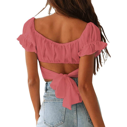 Women's Ruffle Short Sleeve Tie Shirt DailySale