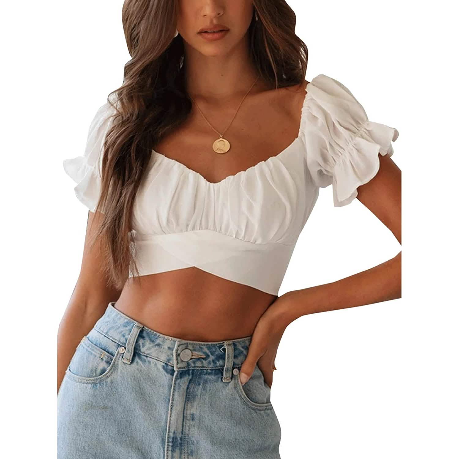 Women's Ruffle Short Sleeve Tie Shirt DailySale
