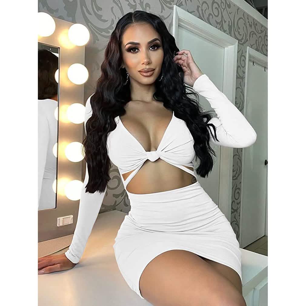 Women's Sexy Bodycon Deep V Neck Long Sleeve Cut Out Club Mini Dress DailySale