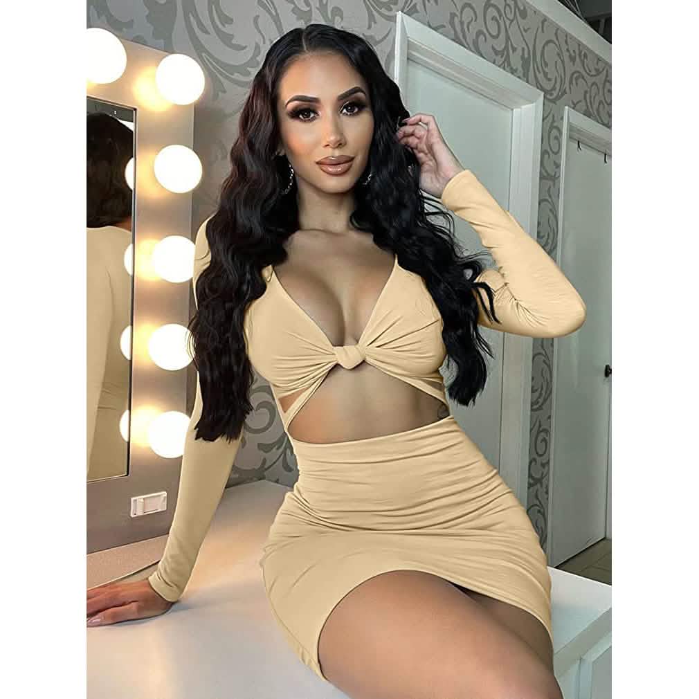Women's Sexy Bodycon Deep V Neck Long Sleeve Cut Out Club Mini Dress DailySale
