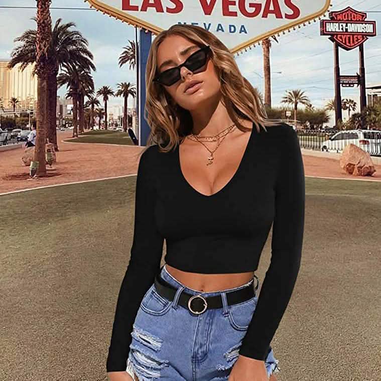 Women's Sexy Bodycon Scoop Neck Long Sleeve Slim Crop Top DailySale