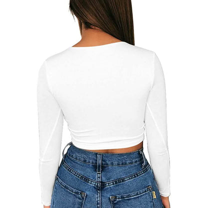 Women's Sexy Bodycon Scoop Neck Long Sleeve Slim Crop Top DailySale