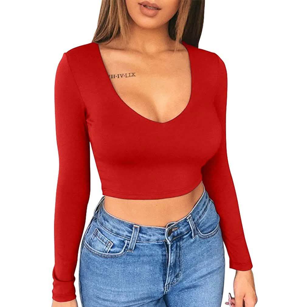 Women's Sexy Bodycon Scoop Neck Long Sleeve Slim Crop Top DailySale