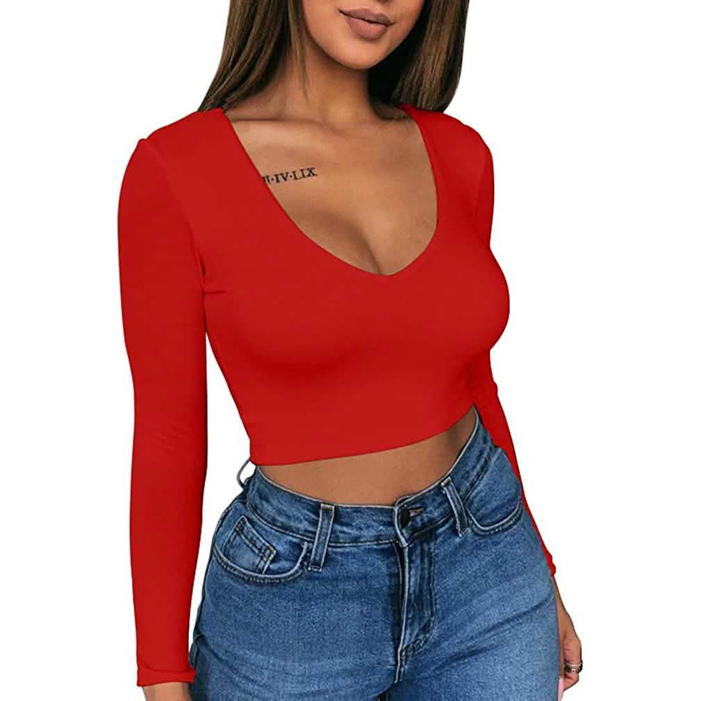 Women's Sexy Bodycon Scoop Neck Long Sleeve Slim Crop Top DailySale