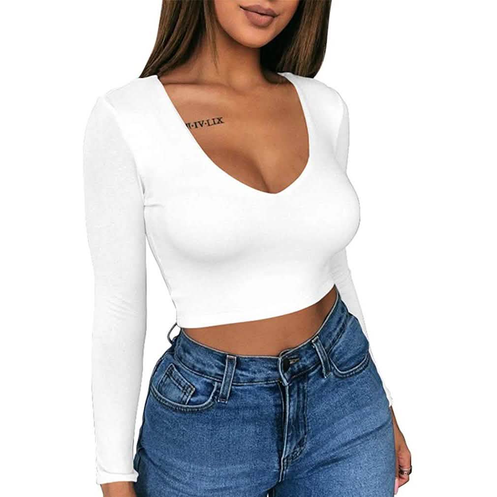Women's Sexy Bodycon Scoop Neck Long Sleeve Slim Crop Top DailySale