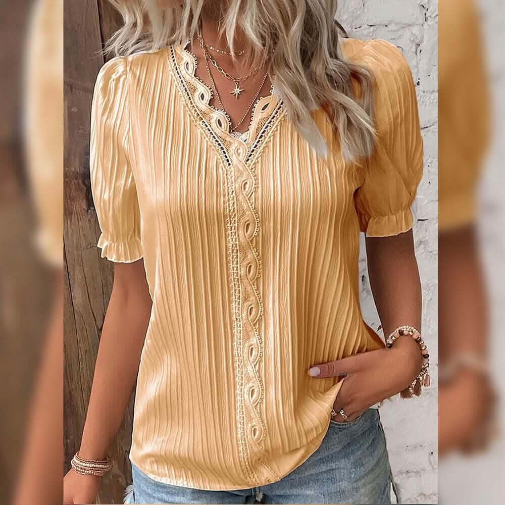 Women's Shirt Blouse Plain Lace Short Sleeve Casual Basic V Neck DailySale