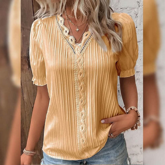 Women's Shirt Blouse Plain Lace Short Sleeve Casual Basic V Neck DailySale