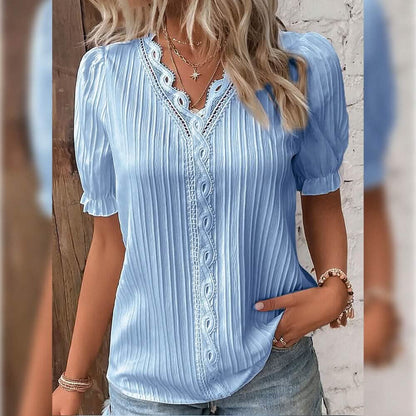 Women's Shirt Blouse Plain Lace Short Sleeve Casual Basic V Neck DailySale