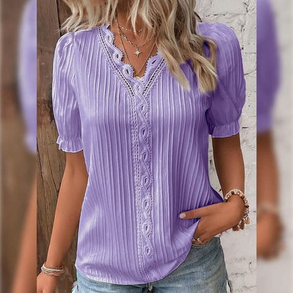 Women's Shirt Blouse Plain Lace Short Sleeve Casual Basic V Neck DailySale