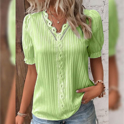 Women's Shirt Blouse Plain Lace Short Sleeve Casual Basic V Neck DailySale