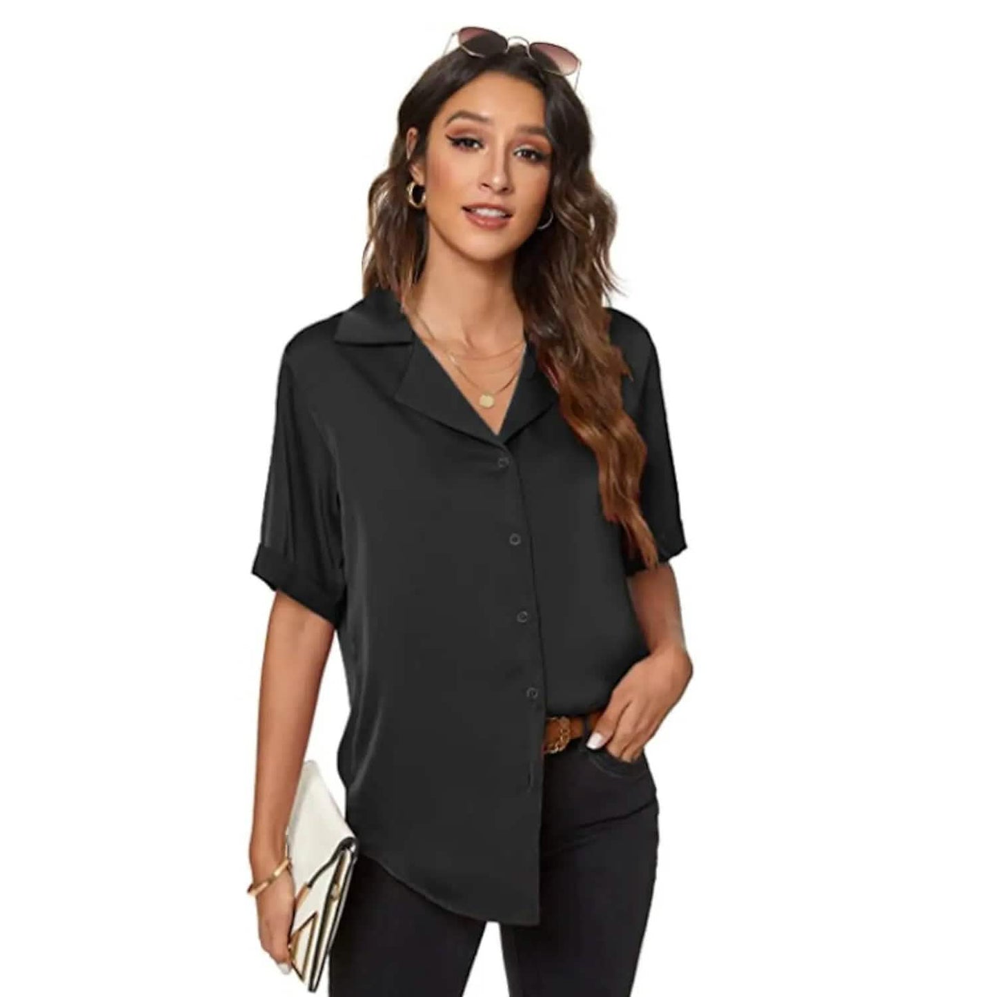 Women's Short Sleeve Casual Satin Button Down Shirt DailySale