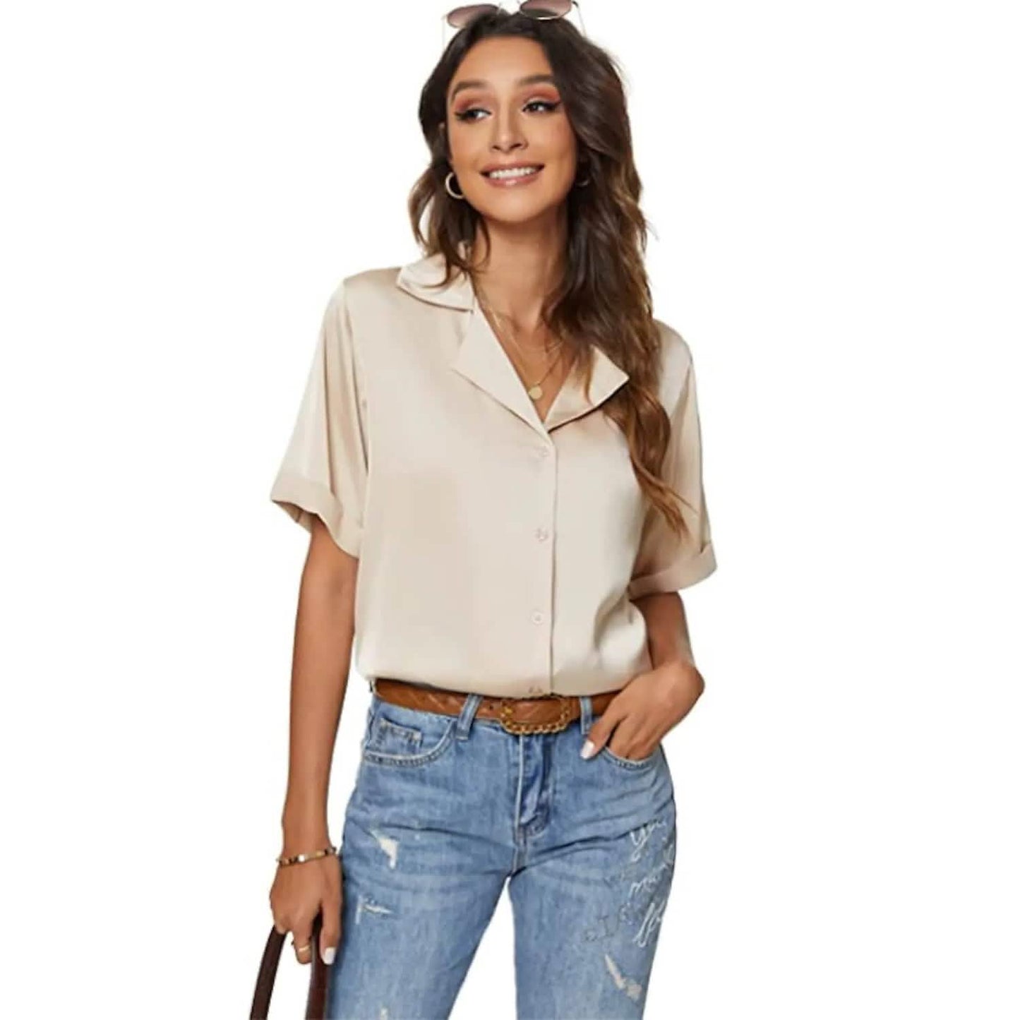 Women's Short Sleeve Casual Satin Button Down Shirt DailySale