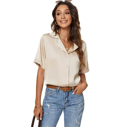 Women's Short Sleeve Casual Satin Button Down Shirt DailySale