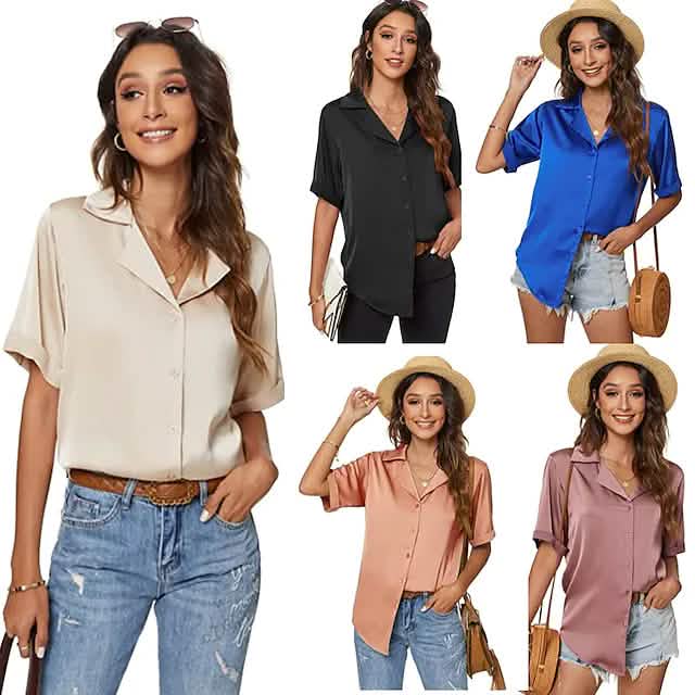 Women's Short Sleeve Casual Satin Button Down Shirt DailySale