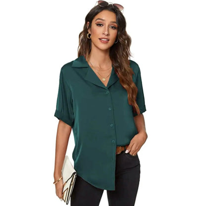 Women's Short Sleeve Casual Satin Button Down Shirt DailySale