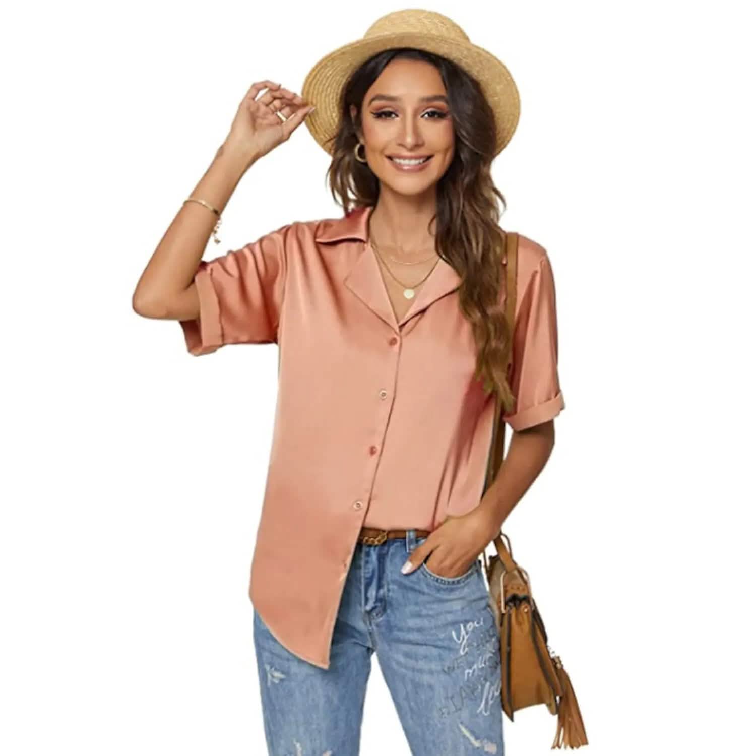 Women's Short Sleeve Casual Satin Button Down Shirt DailySale