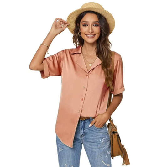 Women's Short Sleeve Casual Satin Button Down Shirt DailySale