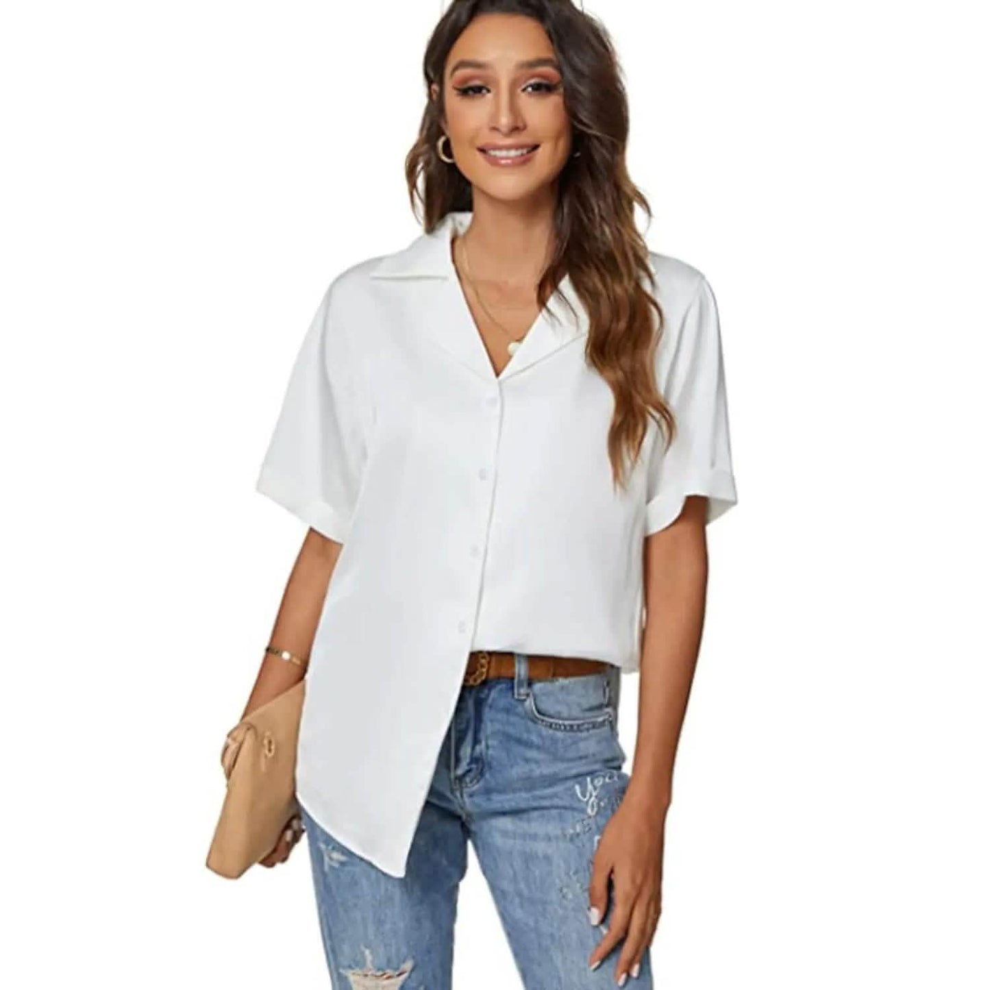 Women's Short Sleeve Casual Satin Button Down Shirt DailySale