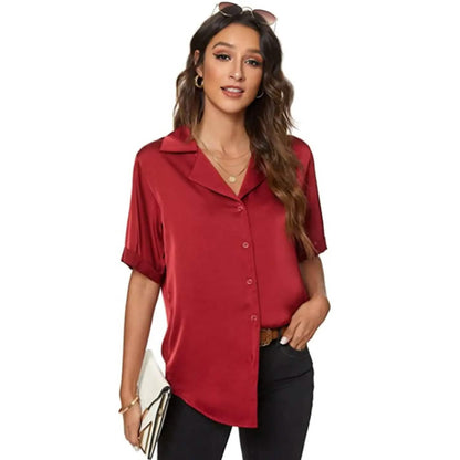 Women's Short Sleeve Casual Satin Button Down Shirt DailySale