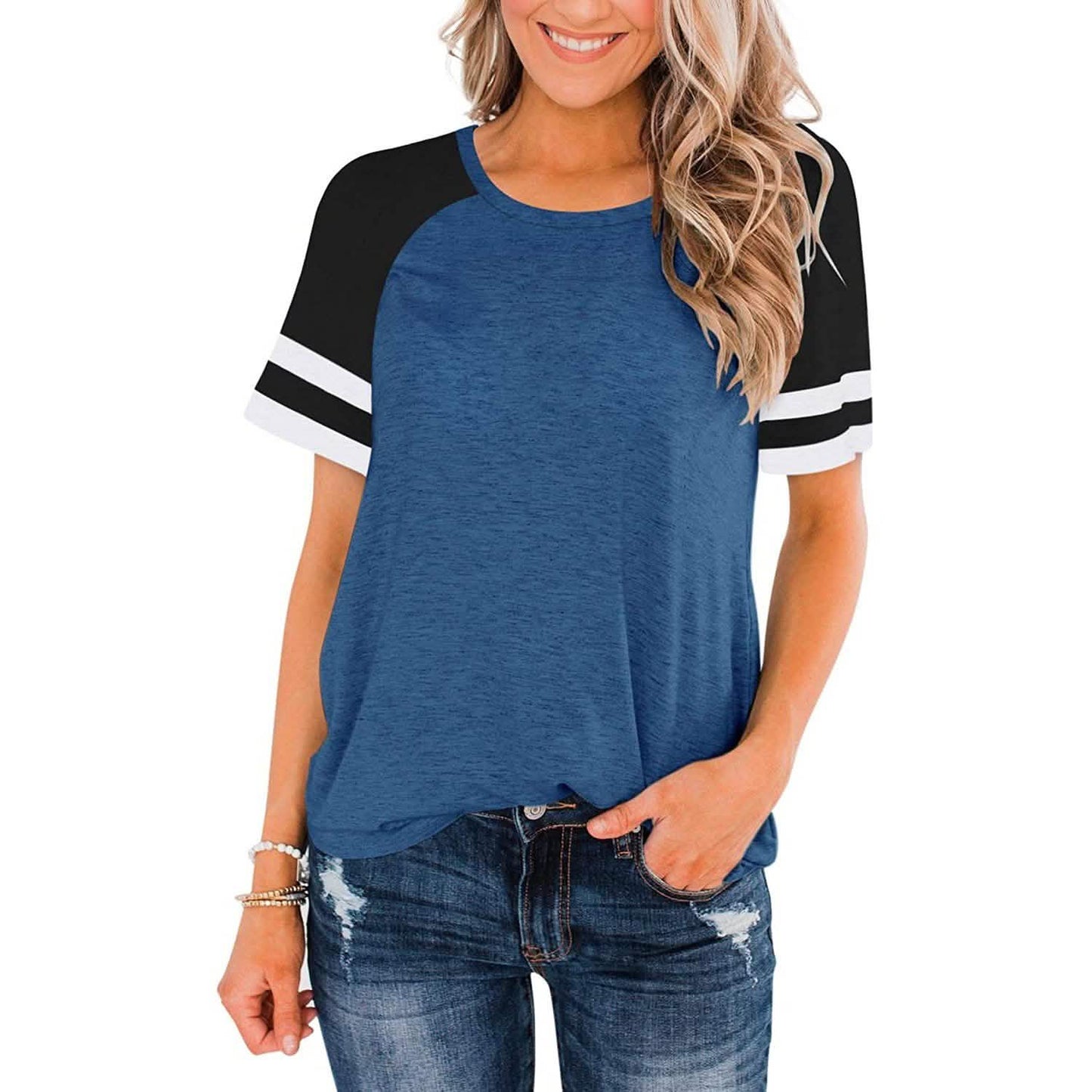 Womens Short Sleeve Shirts Crew Neck Color Block DailySale