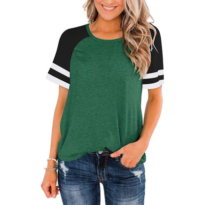 Womens Short Sleeve Shirts Crew Neck Color Block DailySale