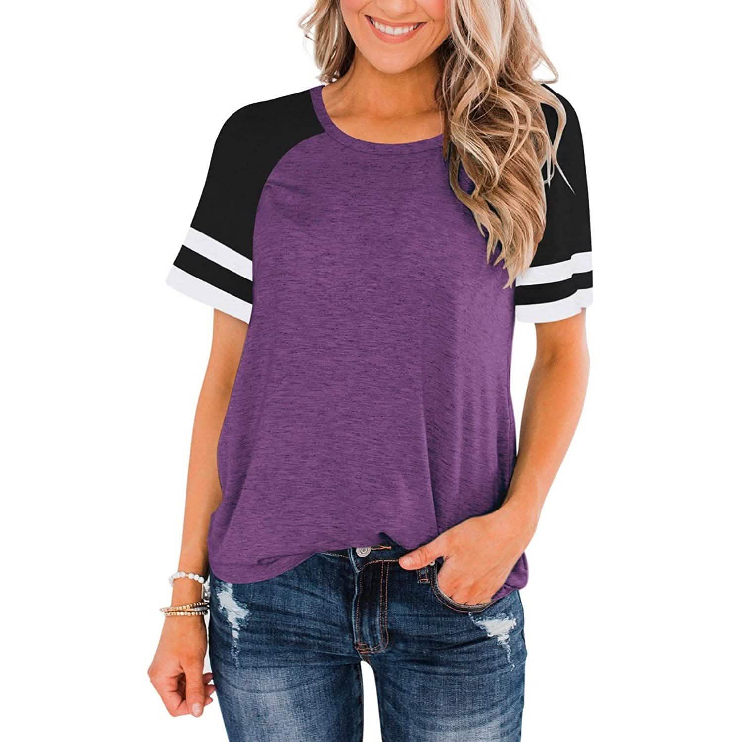 Womens Short Sleeve Shirts Crew Neck Color Block DailySale