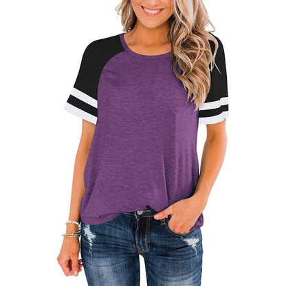 Womens Short Sleeve Shirts Crew Neck Color Block DailySale
