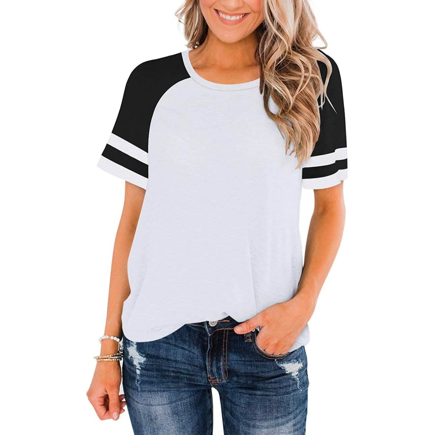 Womens Short Sleeve Shirts Crew Neck Color Block DailySale