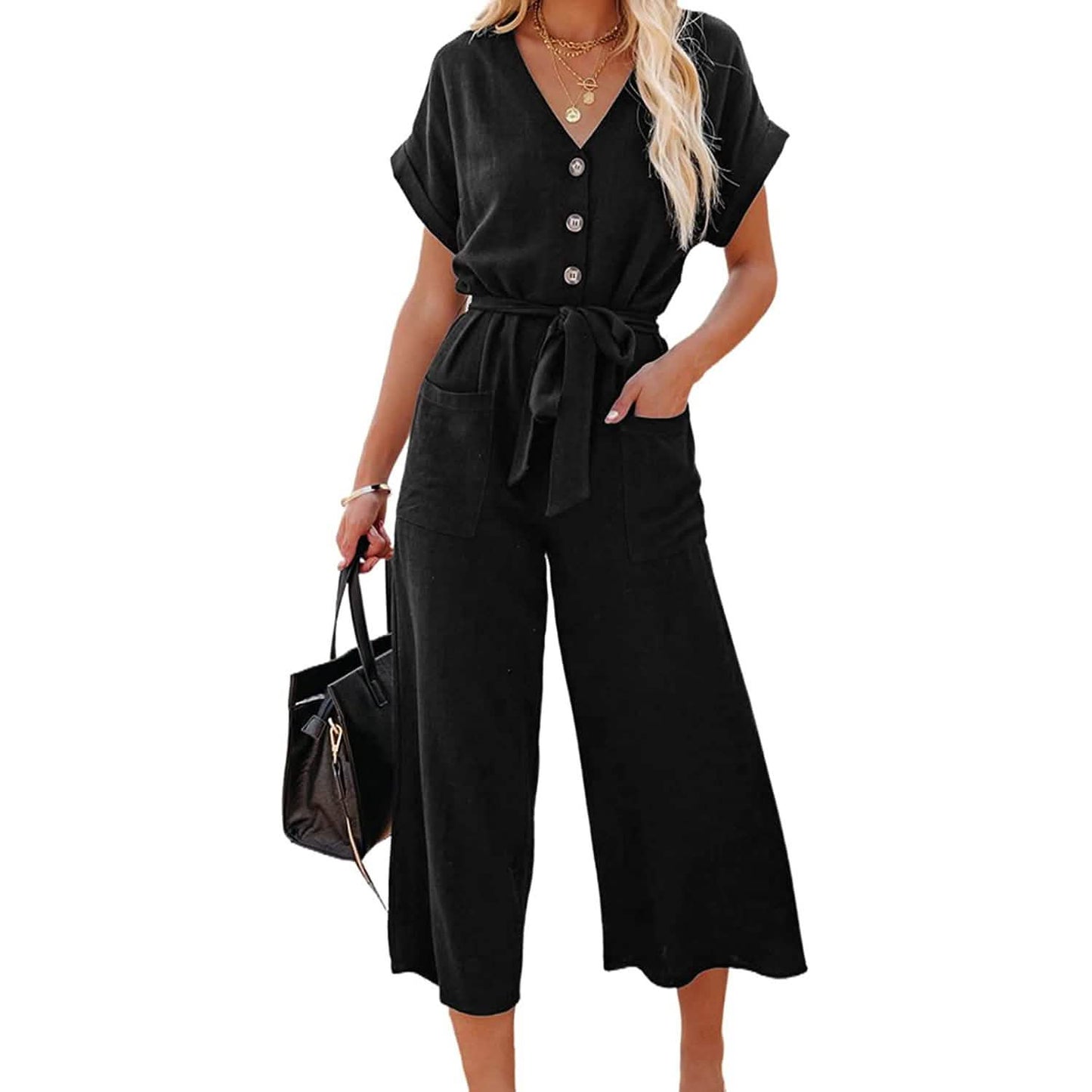 Women's Short Sleeve V Neck Button Belt Wide Leg Jumpsuit DailySale