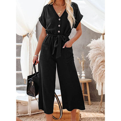 Women's Short Sleeve V Neck Button Belt Wide Leg Jumpsuit DailySale