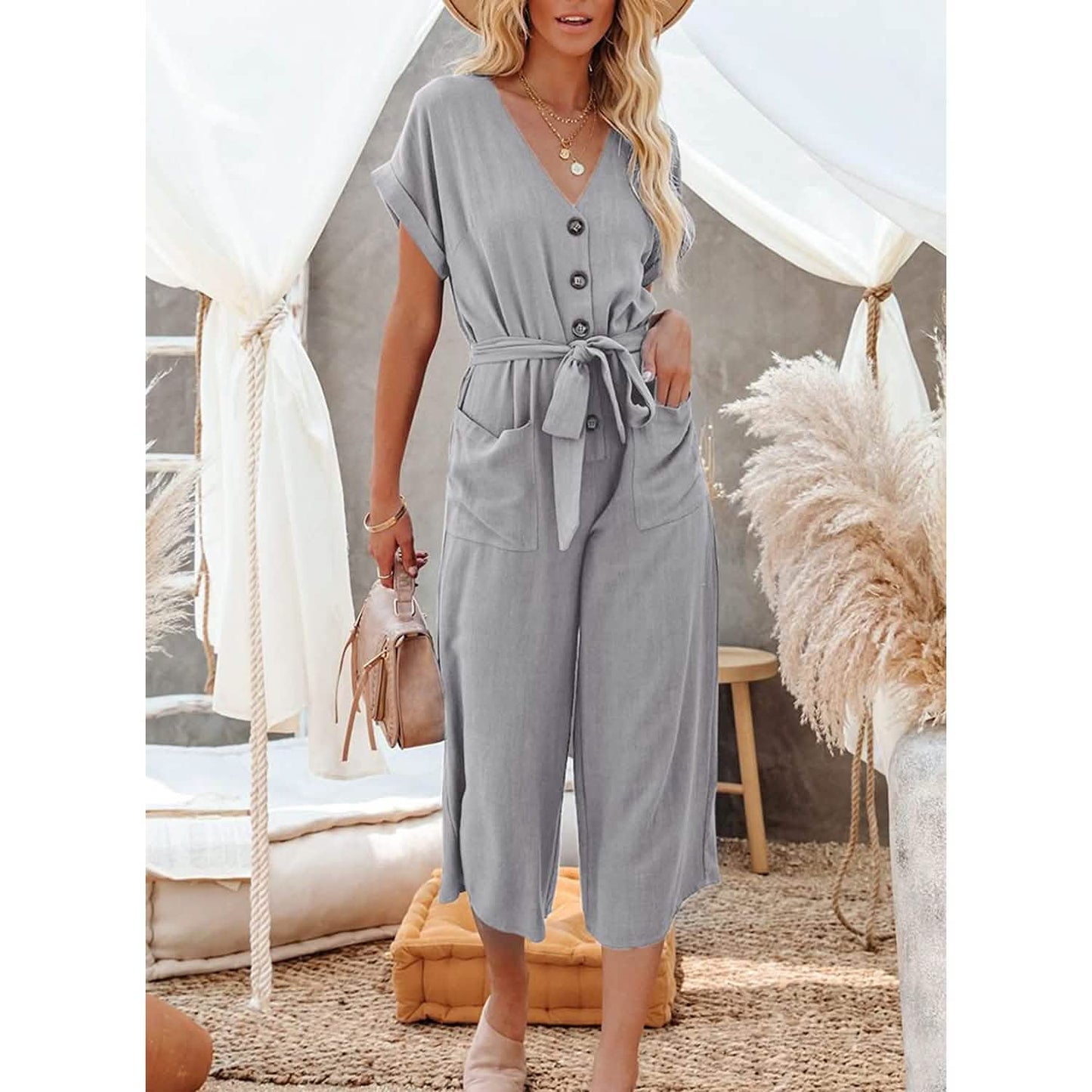 Women's Short Sleeve V Neck Button Belt Wide Leg Jumpsuit DailySale