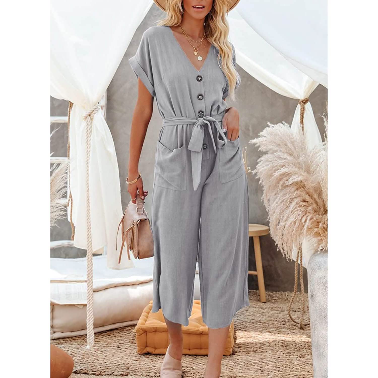Women's Short Sleeve V Neck Button Belt Wide Leg Jumpsuit DailySale