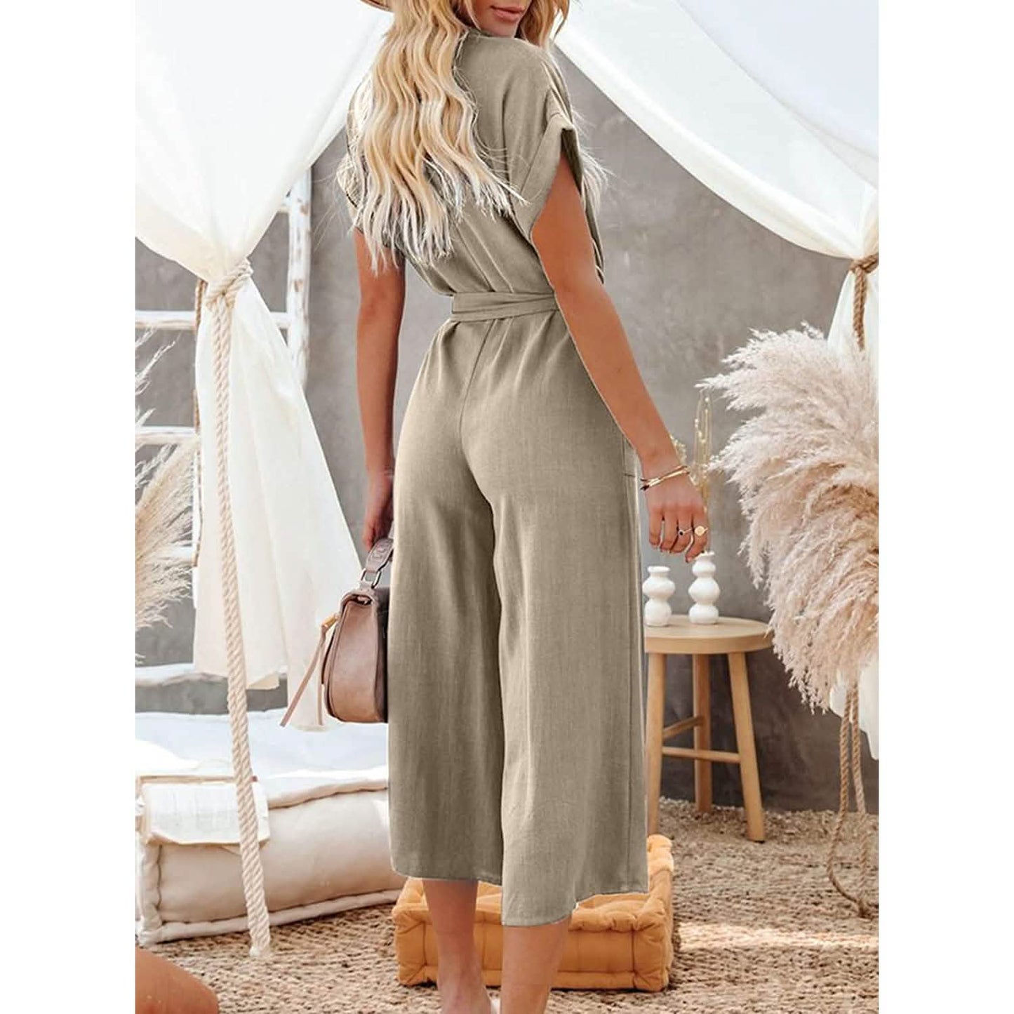 Women's Short Sleeve V Neck Button Belt Wide Leg Jumpsuit DailySale