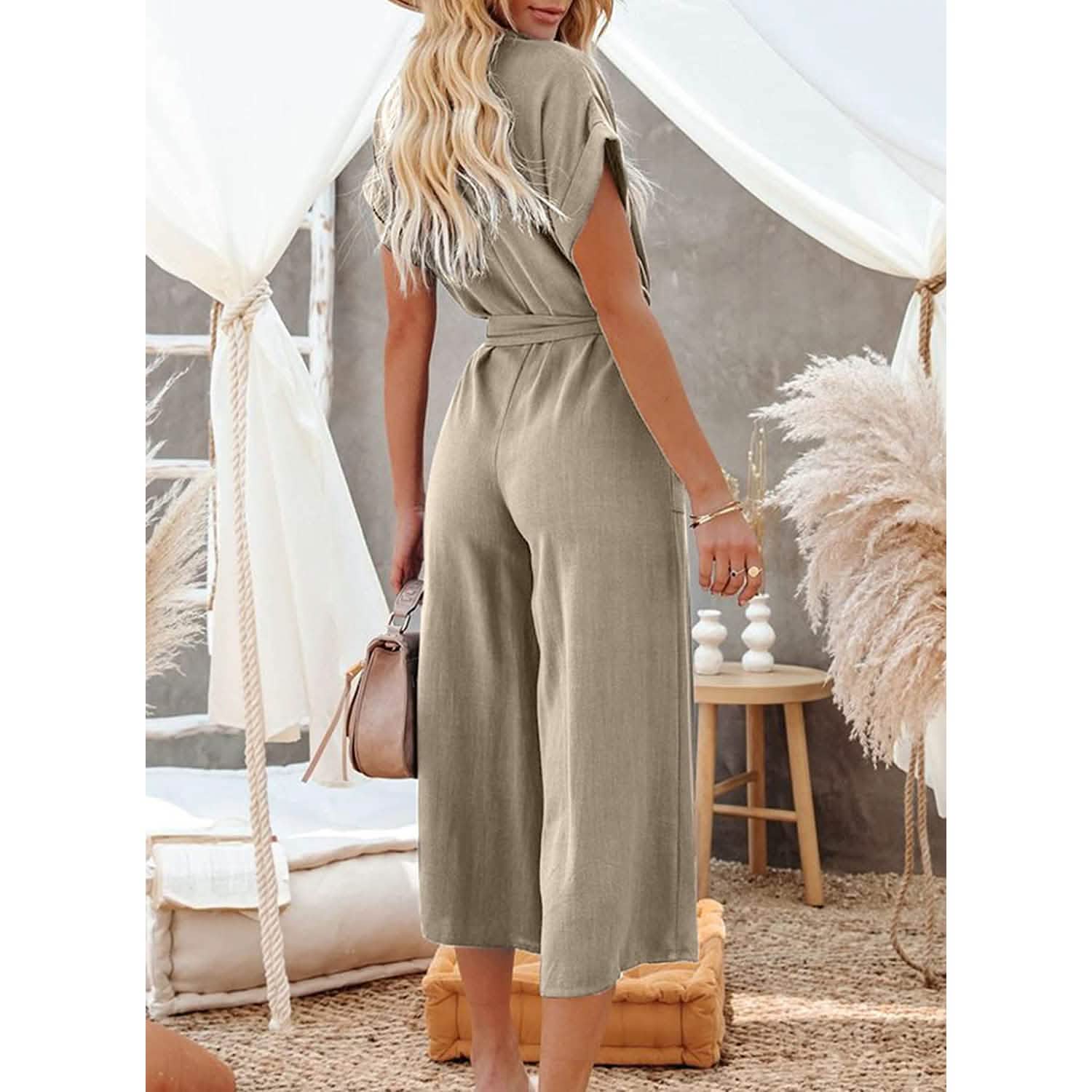 Women's Short Sleeve V Neck Button Belt Wide Leg Jumpsuit DailySale
